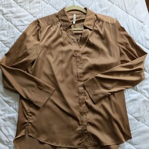NWOT Soma Brown Silk-like Shirt with Pointed Collar and Long Sleeves